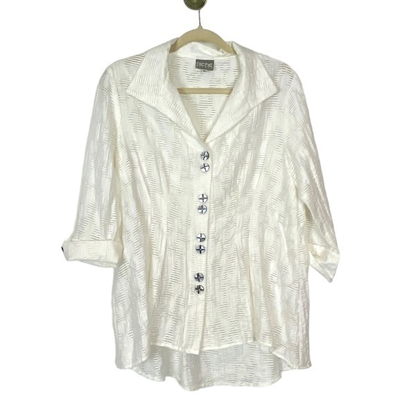 Niche by Nilgun Derman Breezy Jaquard white button Blouse textured jacket Medium - Picture 1 of 15